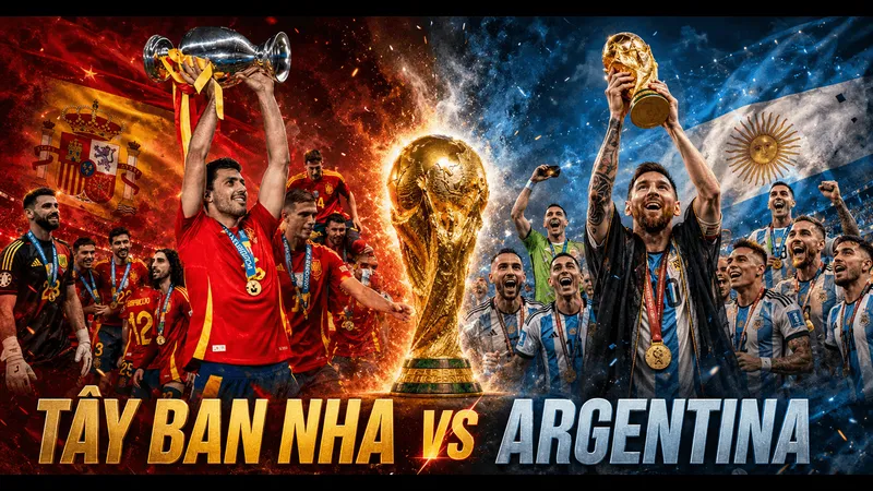Cầu thủ Tây Ban Nha và Argentina tranh chấp bóng trên sân cỏ